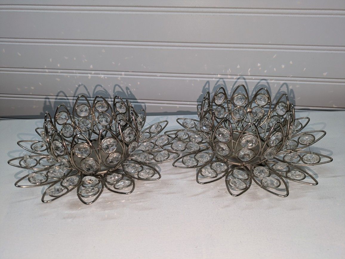 2 Silver With Crystal Bling Blossom Flower Votive Holders