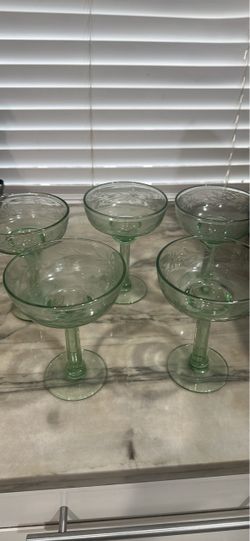 Margaritas Green Etched Glass Coupe Stemware Set of 5