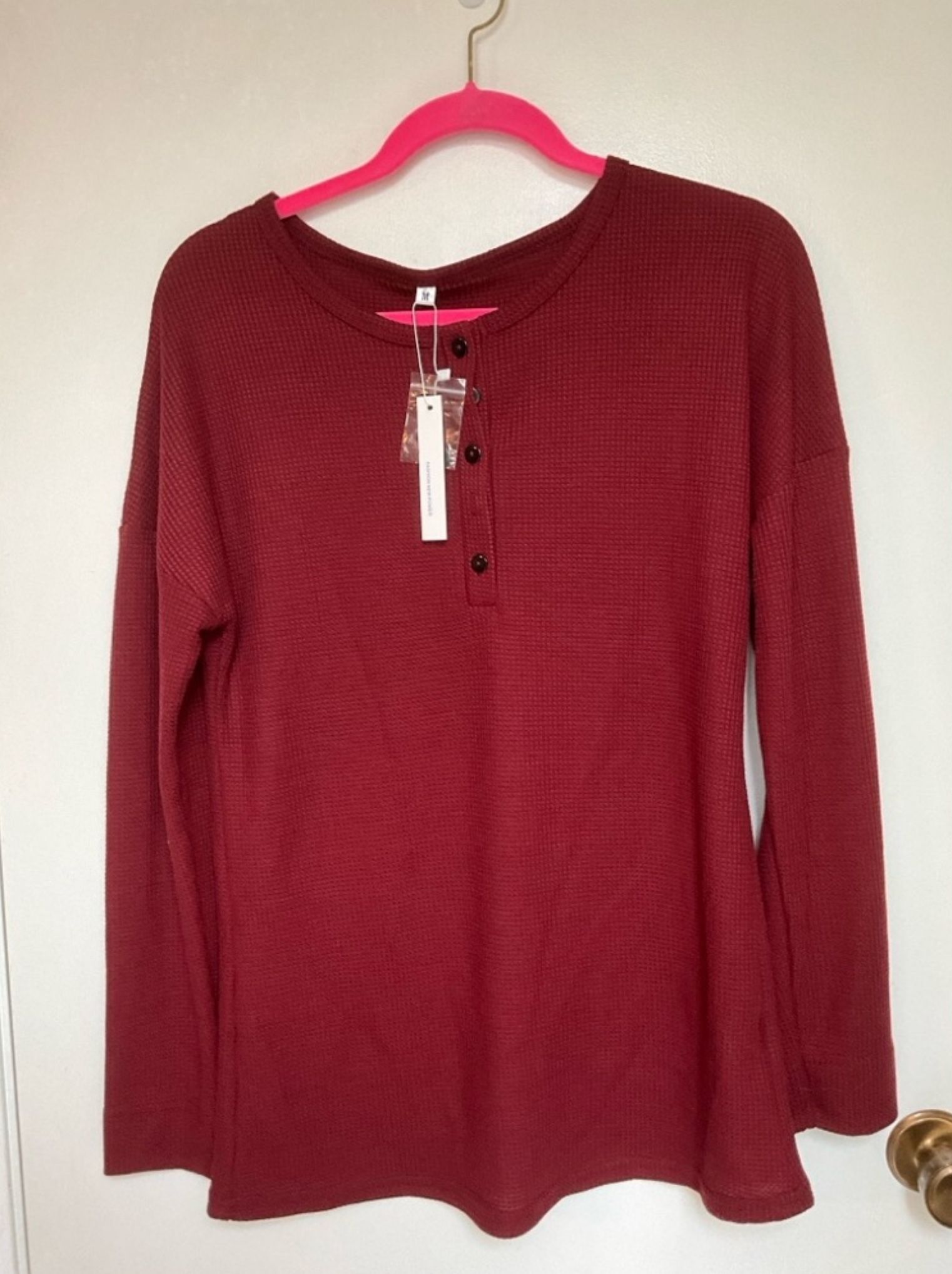 WNEEDU Waffle Knit Tunic Loose Long Sleeve Button V Neck Henley Wine Red Size M