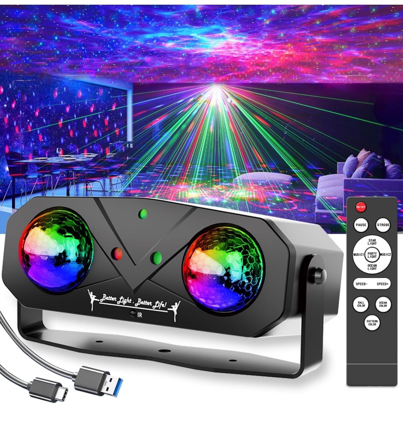 Party Light Disco Ball Light Dj Light Disco Light Ocean Light Star Light Projector Dance Light Sound Activated with Remote Control Stage Light Strobe