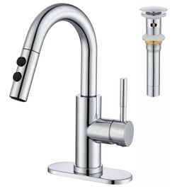 (Brand New in Box)  Kablle Bathroom Sink Faucet with Pull Down Sprayer, Chrome Single Handle Pull Out Faucet with Pop-Up Drain, 1 or 3 Hole Laundry Ba