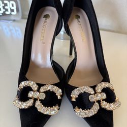 Elegant Black Velvet Rhinestone High Heels – Worn Once
