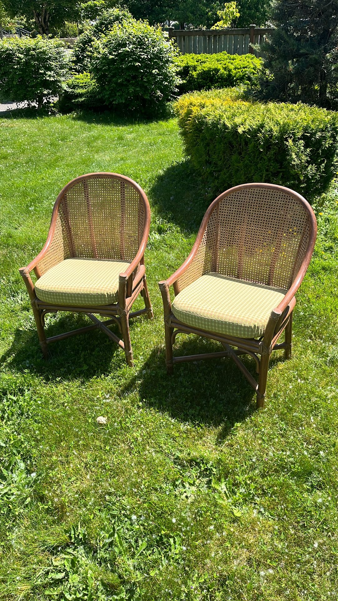 2x McGuire San Francisco Rattan Cane Barrel Dining Woven Wicker Arm Chairs Armchairs