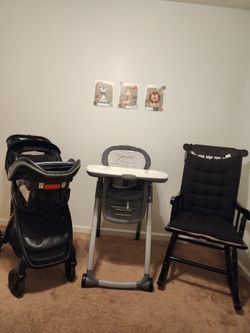 Bundle of 3 – Nursery rocking chair + Graco 7 in 1 high chair + Baby Trend stroller and infant car seat