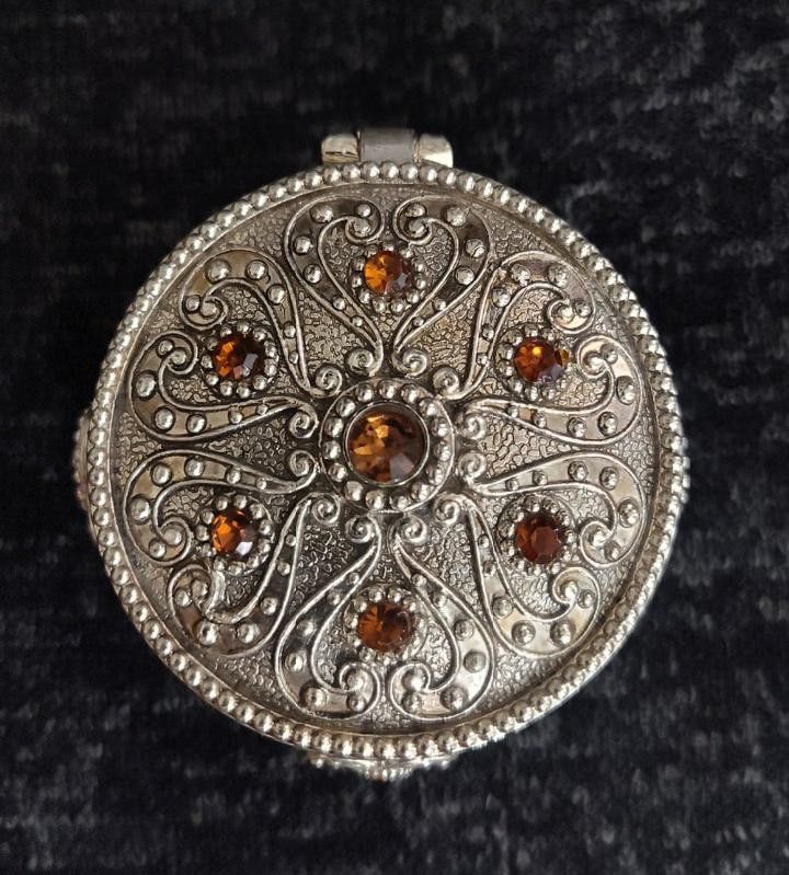Jewelry Box Silver Plated, Embossed w/ Gemstone Accents & Ornate Details