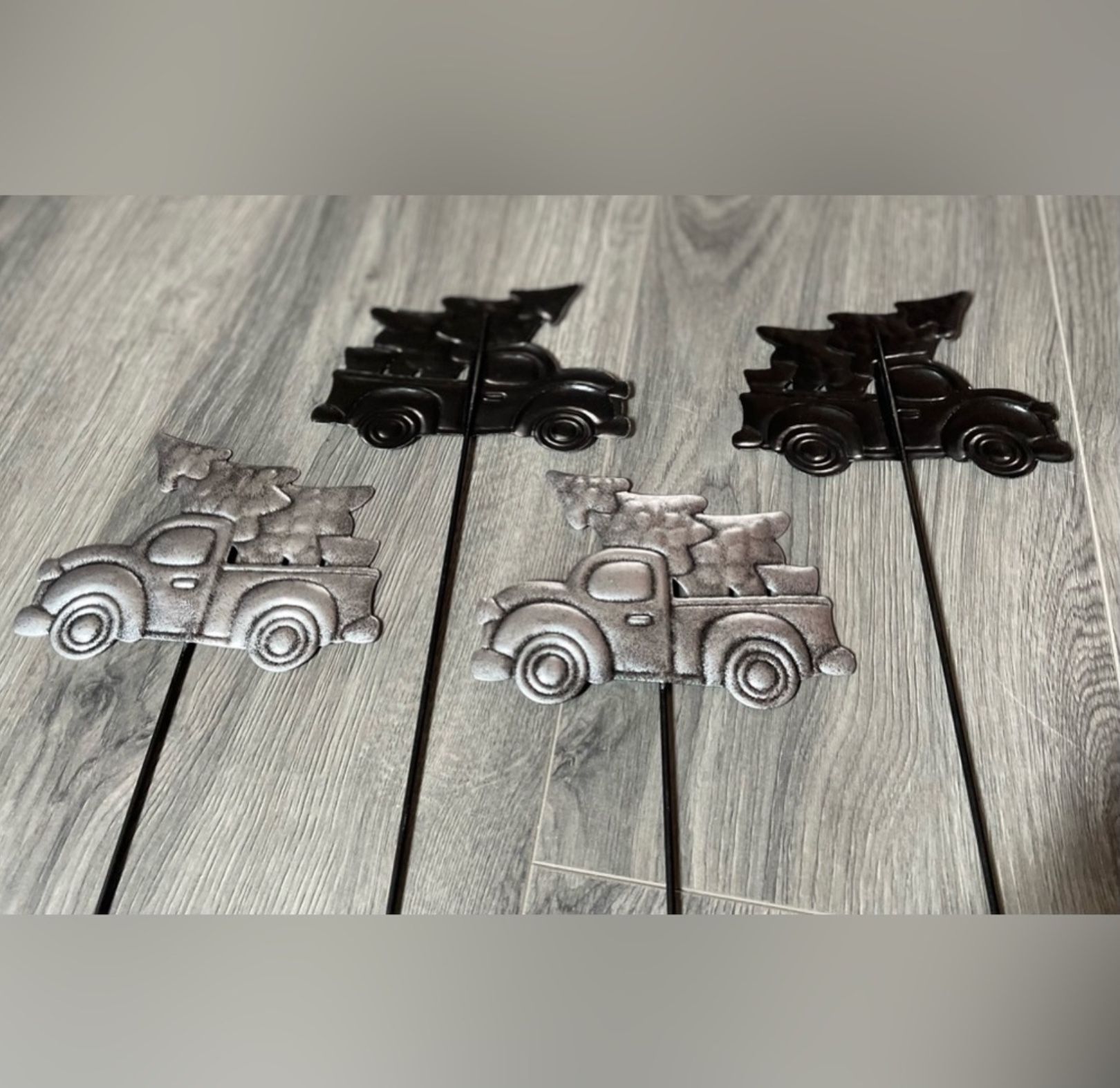 4 NEW Silver Vintage Pickup Truck Yard-Plant Stakes Christmas Decor 