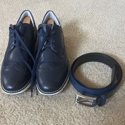 Florsheim Wing Tip dress/casual shoes. Navy blue, men's size 10.5US w/ matching leather belt.