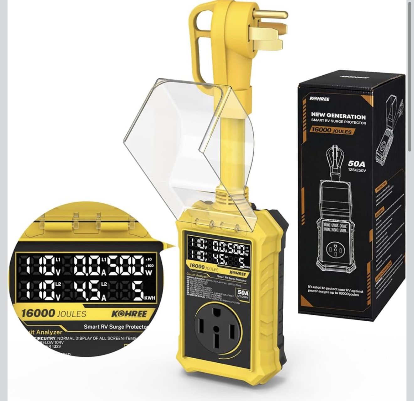 RV Surge Protector 50 amp with LED Real-time Large Screen Display Voltage Current KWH, 16000 Joules