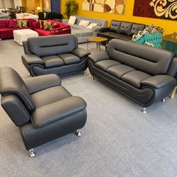 Black Leather 3 Piece Sofa Loveseat and Chair Set