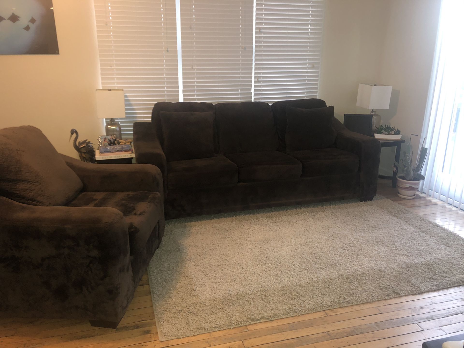 Velour brown sofa and chair