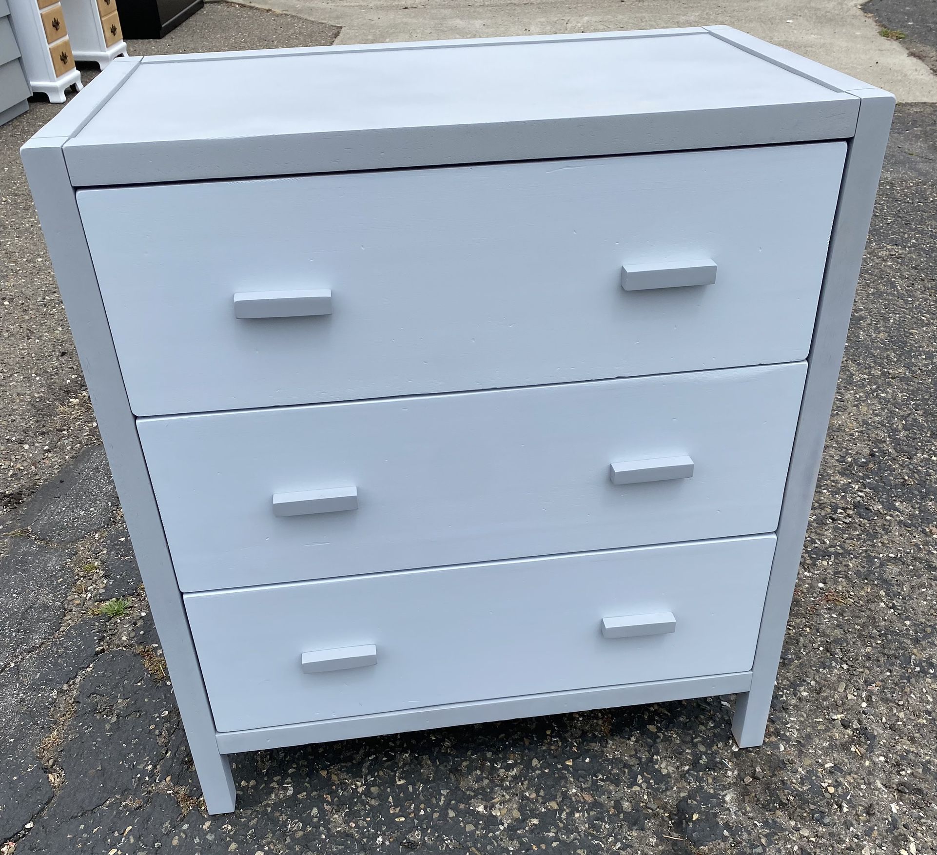 Dresser two tone gray 3 big easy sliding drawers #0590 Made in Malaysia using a kind of mahogany and pressboard.  I painted the body a medium gray and