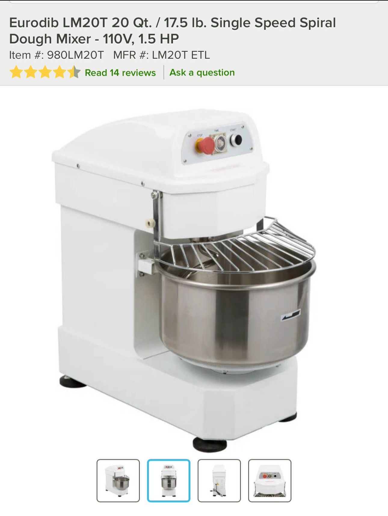 Eurodib LM2OT 20 Qt. / 17.5 Ib. Single Speed Spiral Dough Mixer - 12OV, 1.5 HP