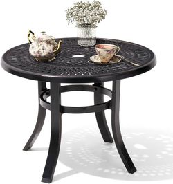 24 in. Outdoor Side Table Cast Aluminum Round Side Table Hollow-Out Tabletop with 2.17 in. Umbrella Hole in Black