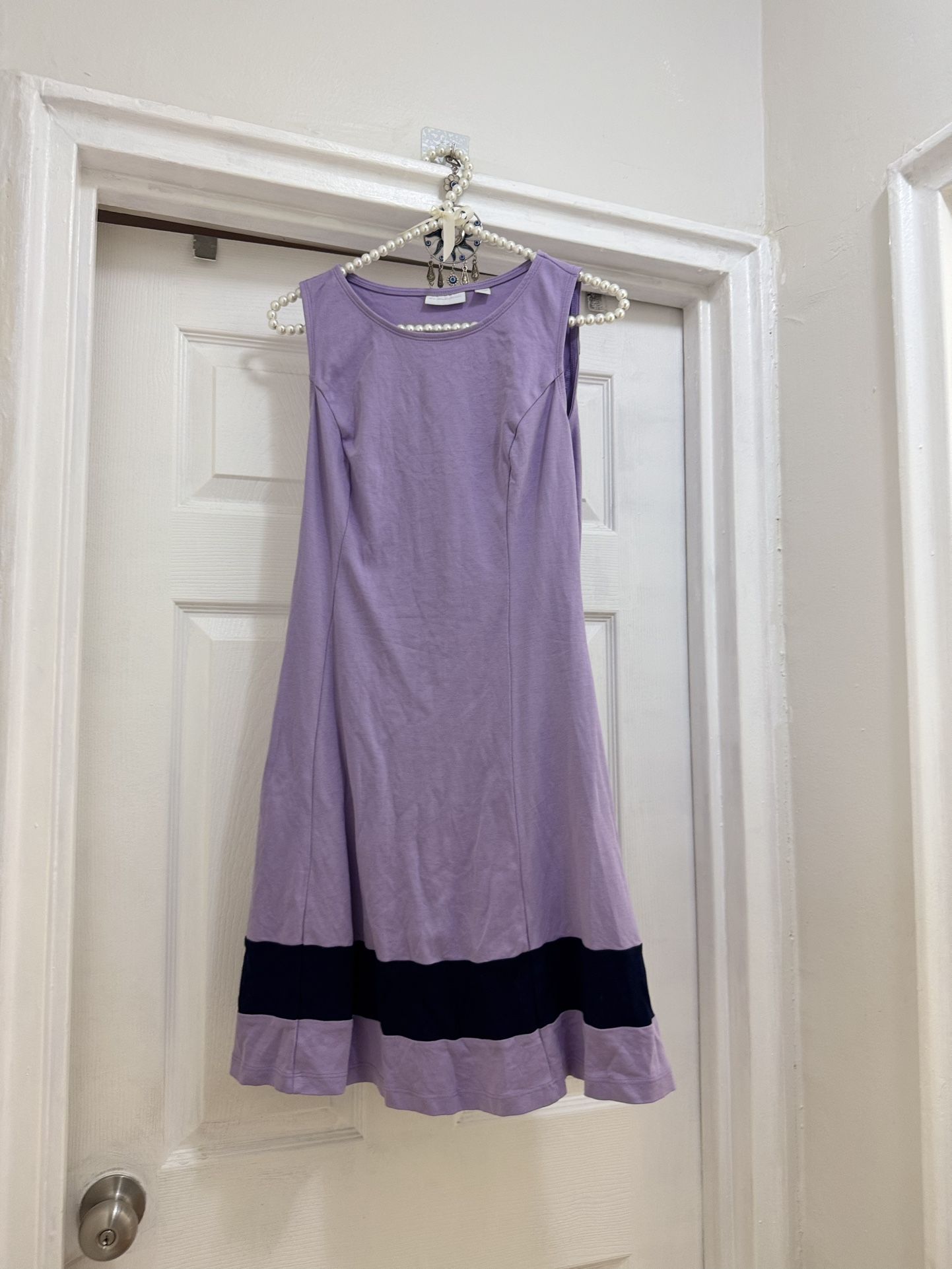 New York & Company Size XS Purple Stripe Dress Cotton Sleeveless Fit and Flare