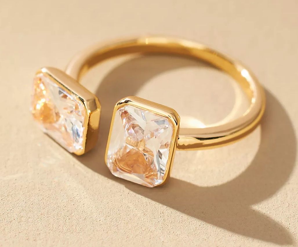 Anthropologie Double Crystal Open Cocktail Ring