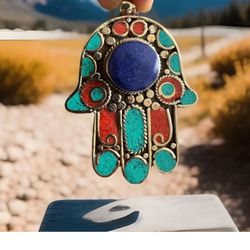 Vintage and handmade Tibetan silver Hamsa pendant 3”inch tall and 50grams