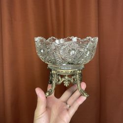 Vintage Crystal Cut Glass And Brass Catch All Compote