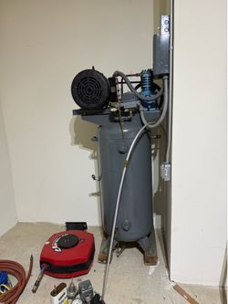Vintage 1968 Kargard Vertical Air Compressor + Hose Reel & Accessories