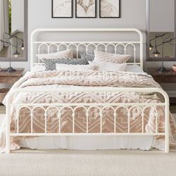 King Size Metal Platform Bed Frame with Headboard, White 14 Inches Victorian Style Curved Iron-Art Headboard/Footboard, Metal Slats Support, No Box Sp