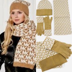 Michael Kors MK NWT  Logo Knit 3-Piece Gift Box Set Scarf, Hat & Gloves, Camel