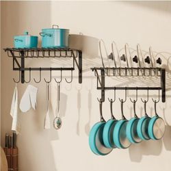 2 Pack Wall Mounted Pot Lid Rack Kitchen Storage Shelf with 12 Upgrade Hooks