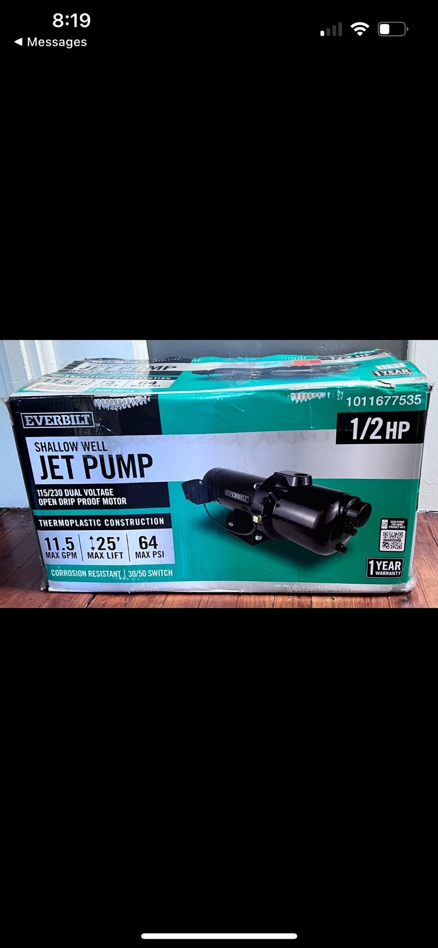 Everbilt 1/2 HP Plastic Shallow Well Jet Pump, Model HDSWJ5P