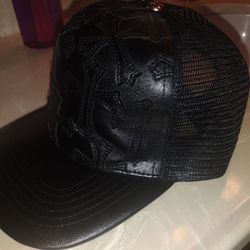 Black Leather Trucker Hat with Embossed Design