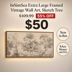 New InSimSea Extra Large Framed Vintage Wall Art, Sketch Prints, 24x48" Trees