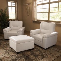 Set Of 3pcs Faux Leather Accent Chairs With An Ottoman , Storage Ottoman , White