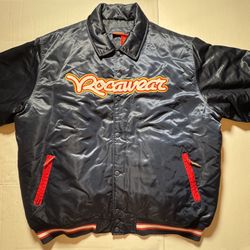 Pre Owned Excellent  Rocawear  Satin Bomber Jacket  Full Zip Full Snap Button  Embroidered  Navy Blue Red Gold Men  Size 3XL 