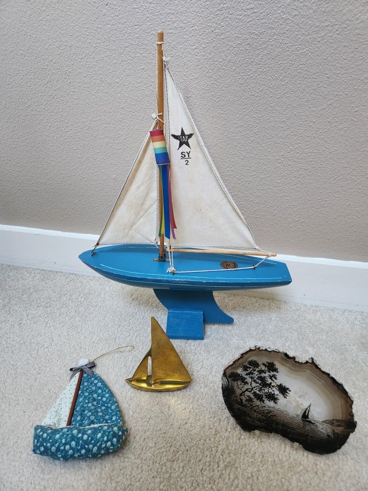Nautical wooden sailboat, brass sailboat,  cut stone sailboat. sailboat ornament
