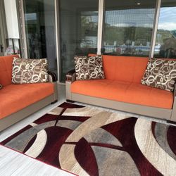 Loveseat and sofa that both convert into beds