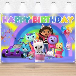 Gabby Party Supplies, 5x3FT Gabby Theme Happy Birthday Party Banner Gabby Party Decoration Backdrop Background for Kids