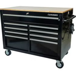 Husky 46 in. x 25 in. D 9-Drawer Mobile Workbench with Adjustable Height Wood Top in Gloss Black