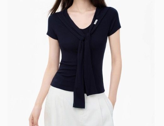 Dark blue shawl-style faux two-piece short-sleeved t-shirt women's summer fitted front-shoulder V-neck top 2025 new style summer