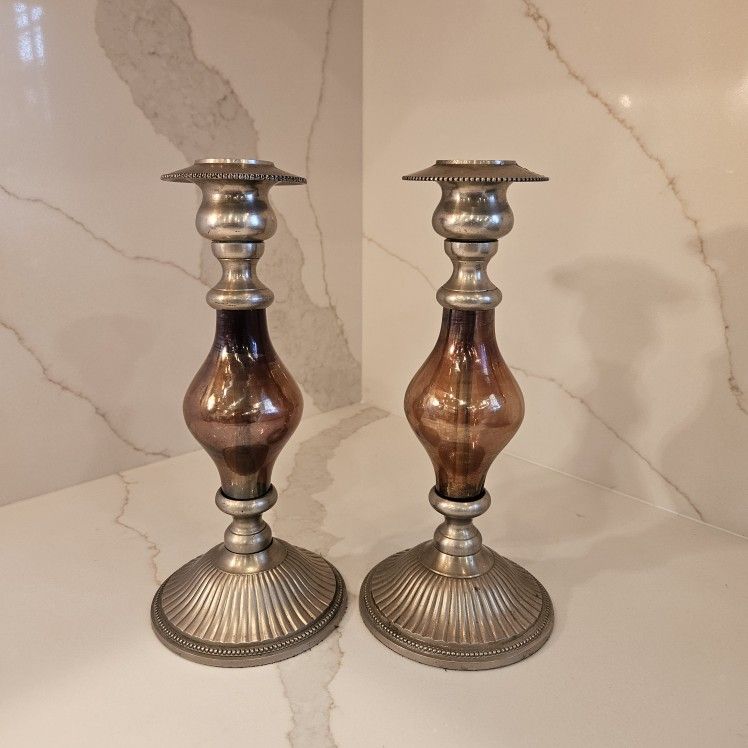 Vintage Purple Iridescent Glass Silver Toned Candlesticks