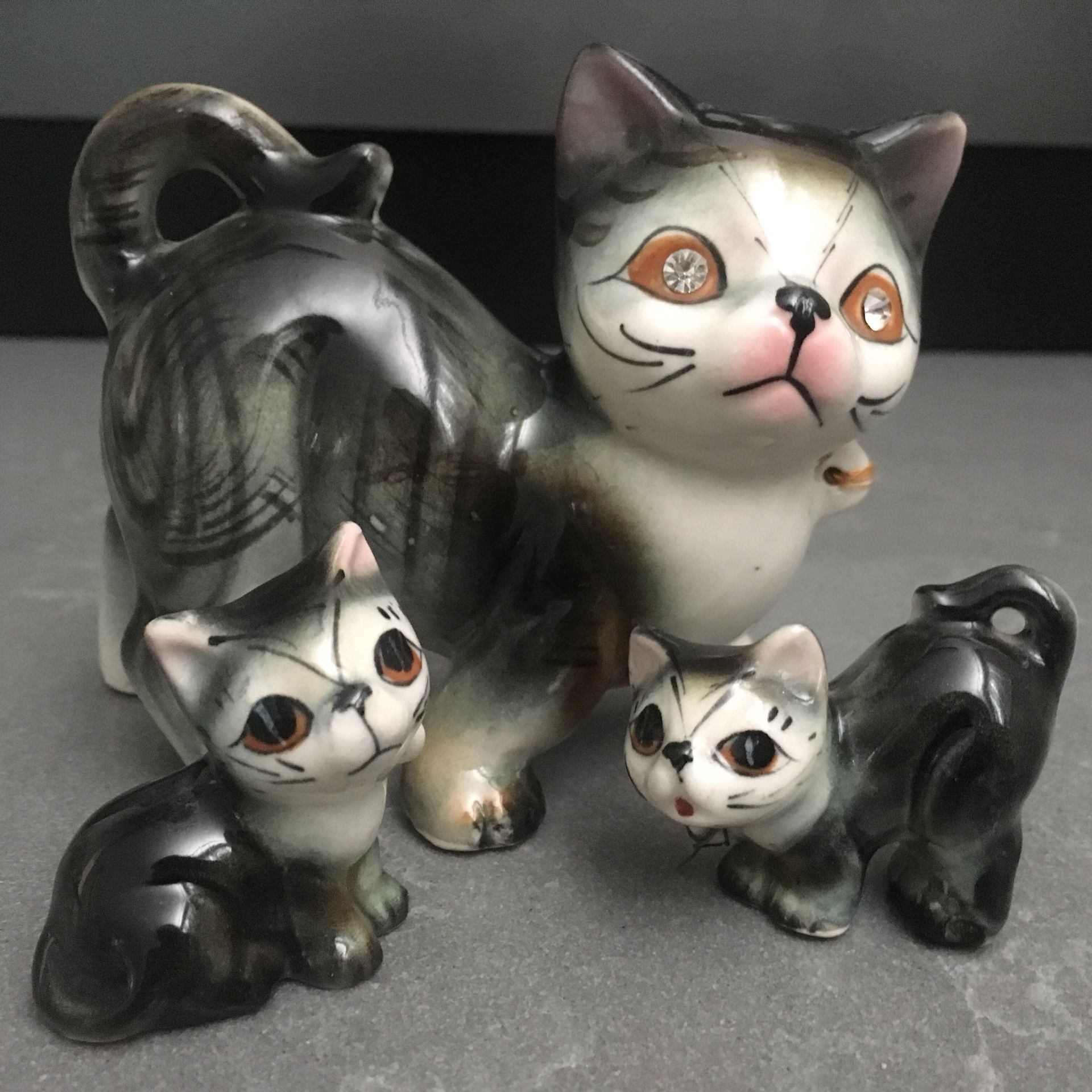 Vintage Kitty Cat with Rhinestone Eyes and Two Kittens ~ Cat Trio from Japan