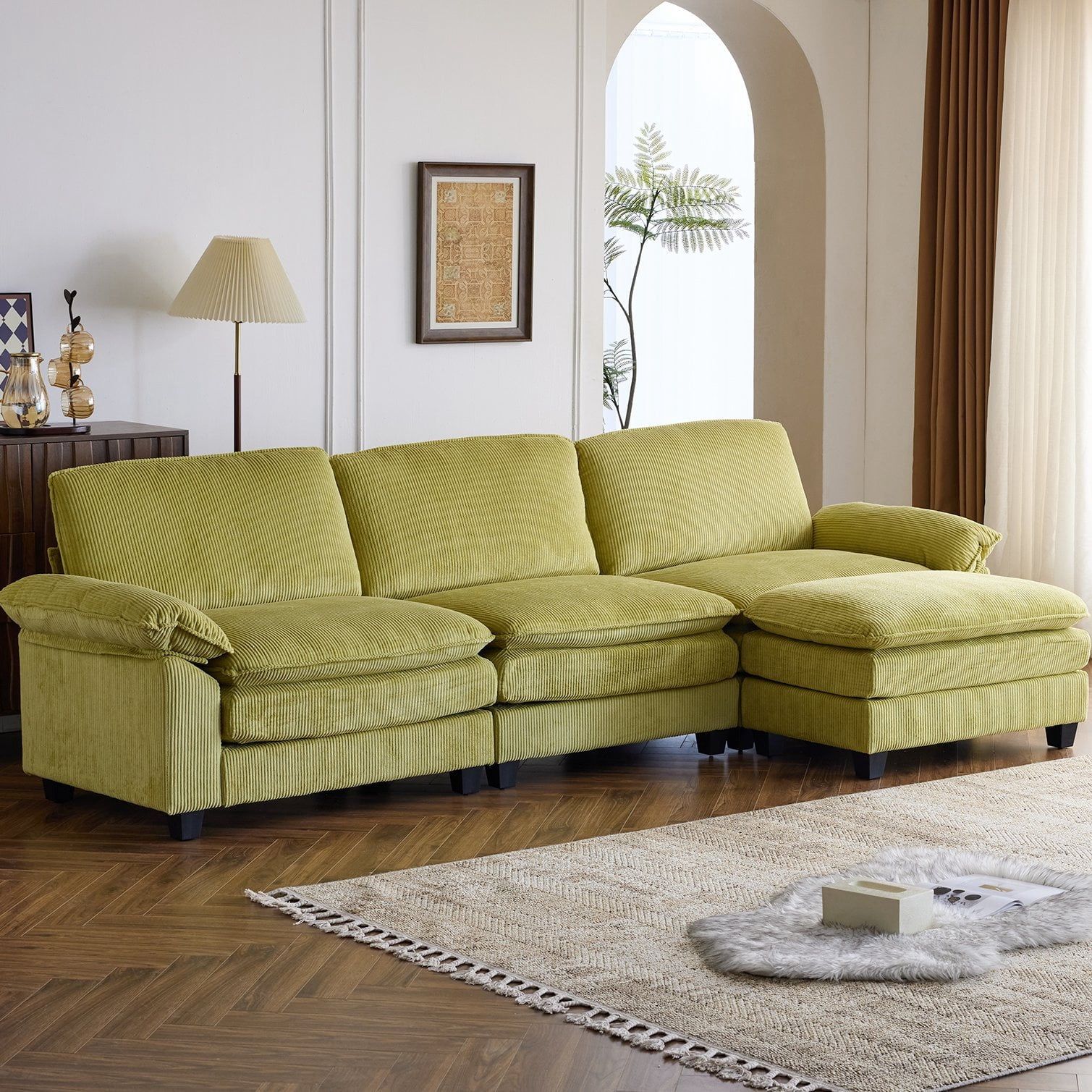 NEW -Ktaxon 120" W Sectional Convertible Sofa L Shaped Modular Couch with Chaise Corduroy Sleeper Set with 3 Oversized Seats Olive Green