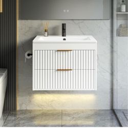 24 Inch Floating Bathroom Vanity with Sink & Towel Holder, Fluted Wall Mounted Vanity Cabinet for Small Bathroom, Modern Combo with LED Light, Metal H