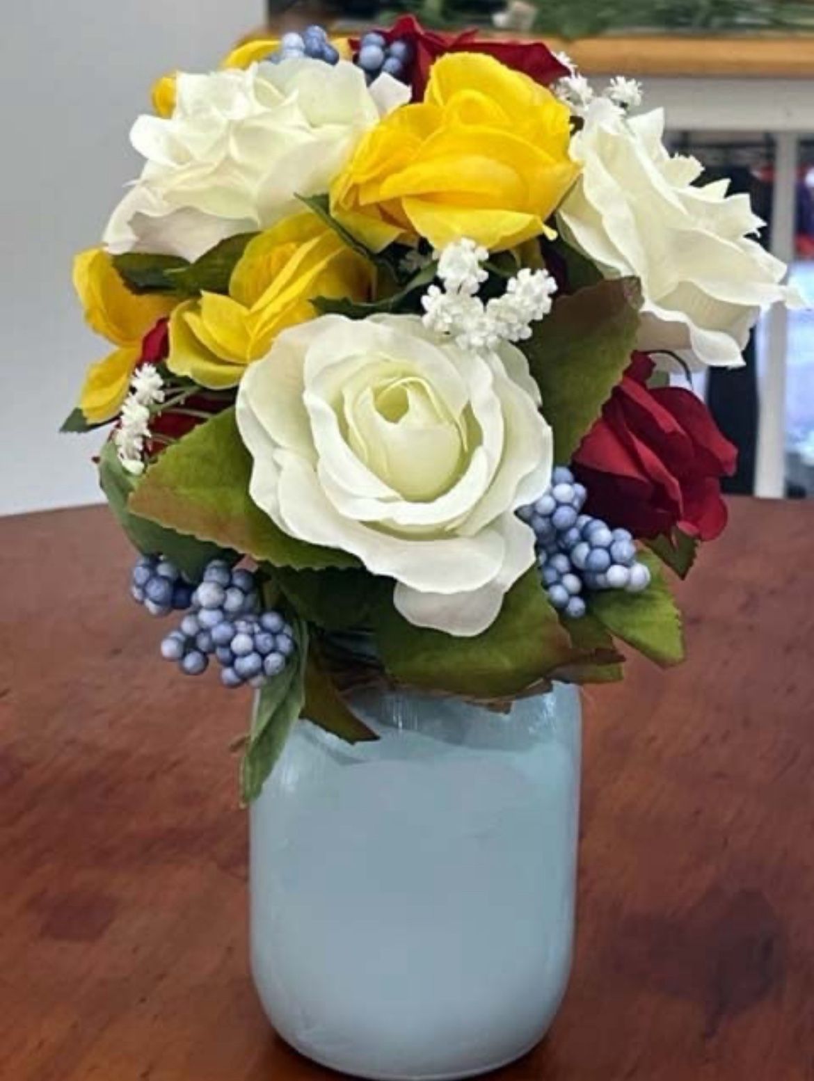 Blue Chalk Painted Mason Jar centerpiece home decor - Red White Yellow Roses