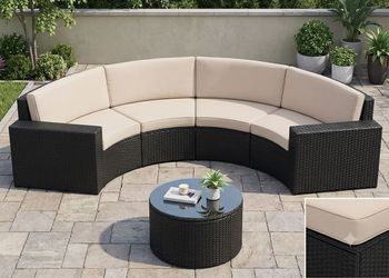 Nestl 4-Piece Brown Patio Outdoor Furniture Wicker Conversation Set with Beige Cushions, 1-Loveseat, 2-Chairs and Coffee Table
