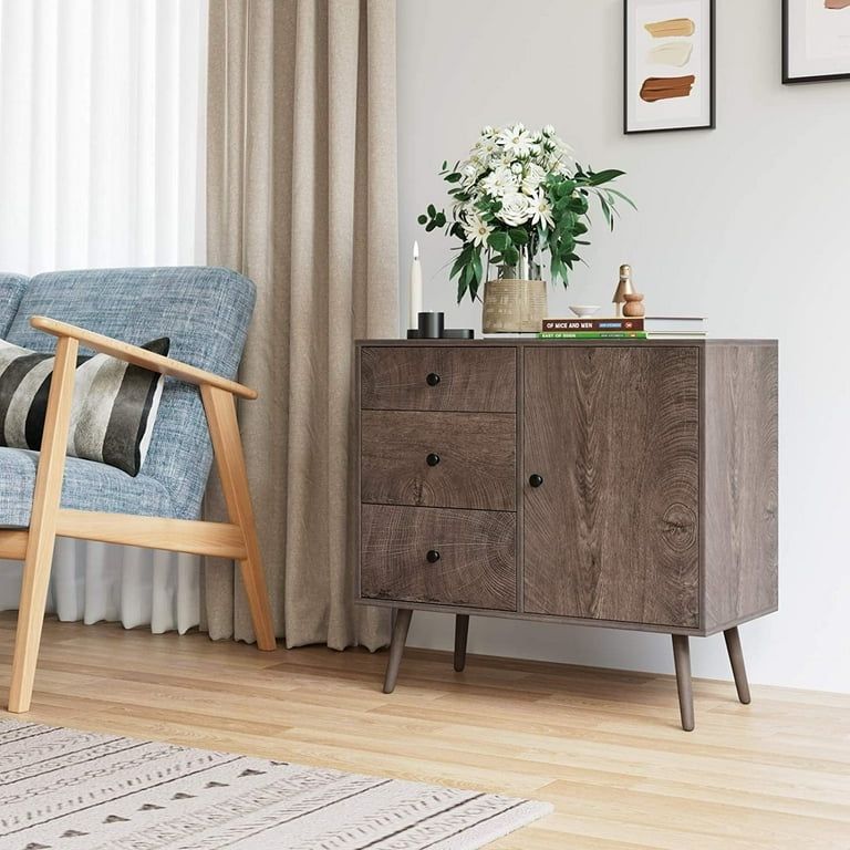 Storage Cabinet with 1 Side Cabinet and 3 Large Drawers, 1 Adjustable Shelf, Mid-Century Modern Sideboard, Drawer Dresser, 29.7" L TV Stand Freestandi