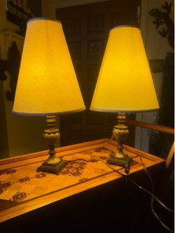 Pair of Vintage Brass & Stone Style Table Lamps (Working)