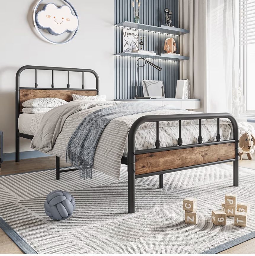 Twin Metal Bed Frame with Heavy Duty Steel Slat,Hearboard and Footboard No Box Spring Needed Easy Assembly