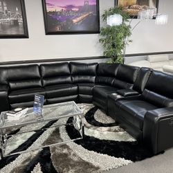 Black Leather Sofa Sectional w/ Power Motion Recliners & USB Ports 