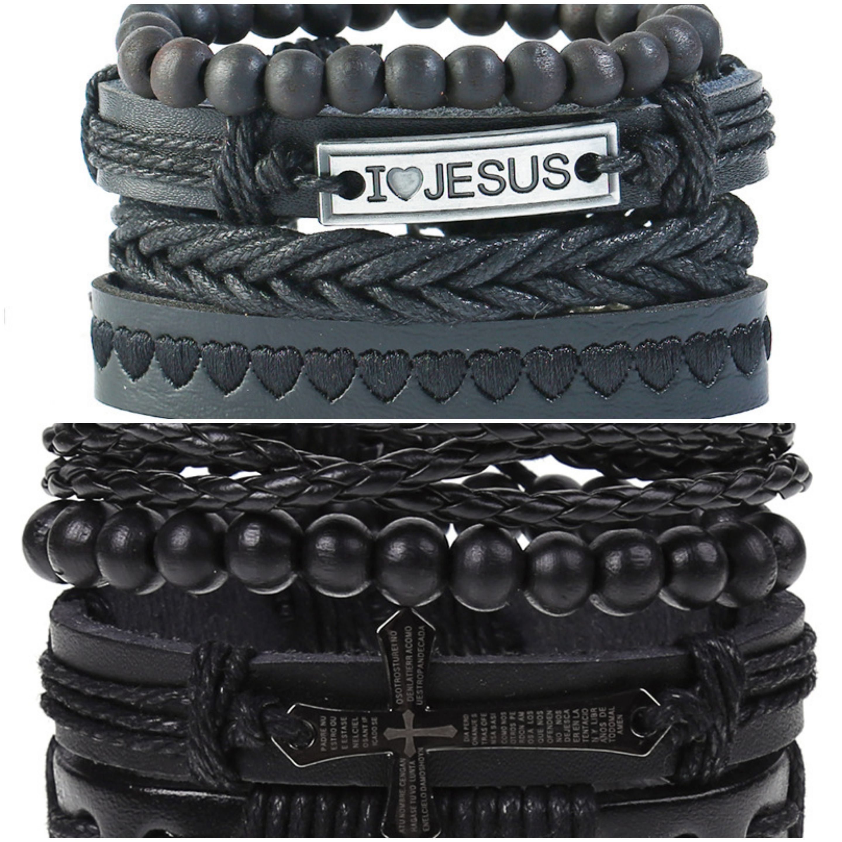 2 x Set Adjust. Size up to 9.5inc Leather Bracelet, (I__Jesus-Cross)