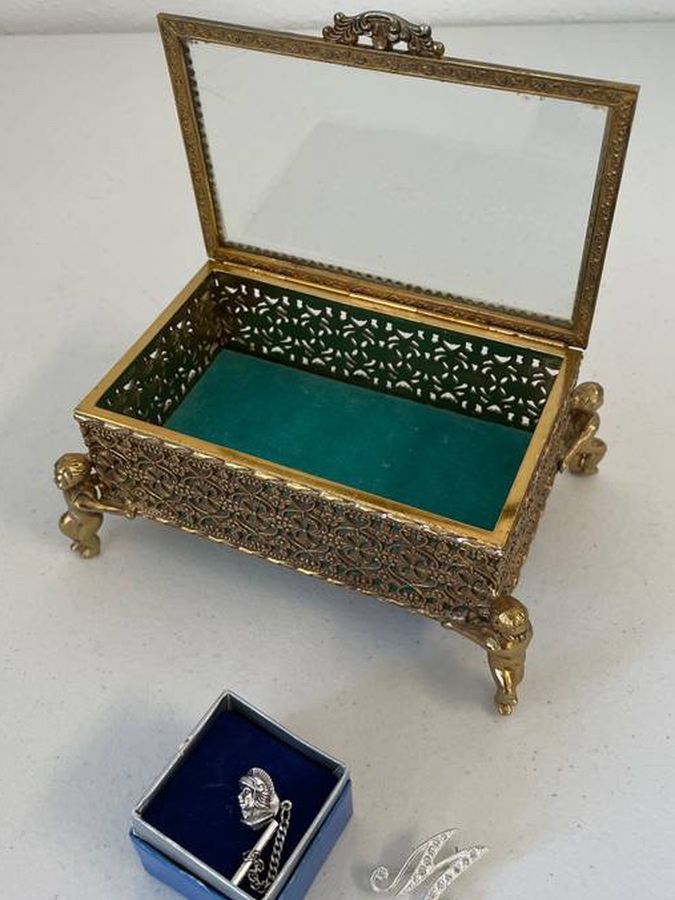 Intricate Japanese Jewelry Box, Trojan Tie Tack, “M” Brooch