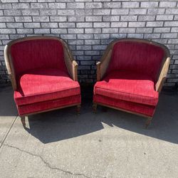 A Pair Of Vintage Red Chairs With Cane Accents. 