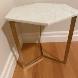 West Elm Hex Side Table Marble Top with Metal Finish In Brass