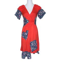 Nic&Dom Orange Floral Patchwork Dress Ruffle Mixed Print Lagenlook Asymmetric Small